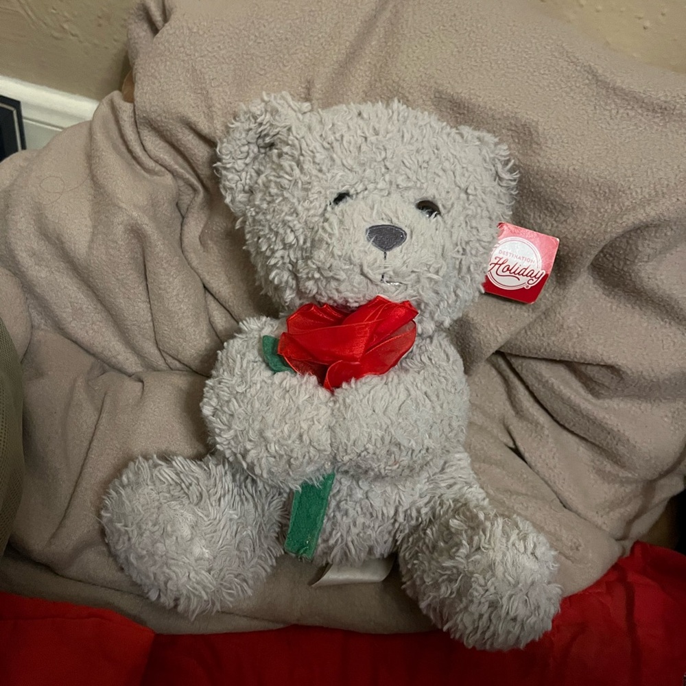 Plush Cream Teddy Bear with Red Rose